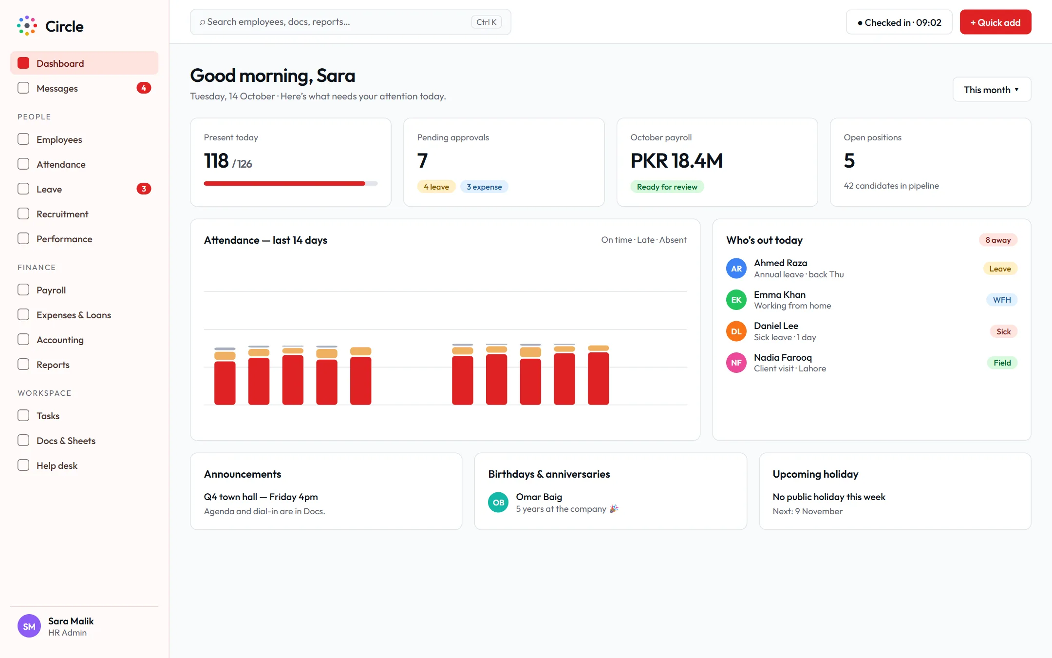 Personal dashboard — attendance, approvals and who’s out today