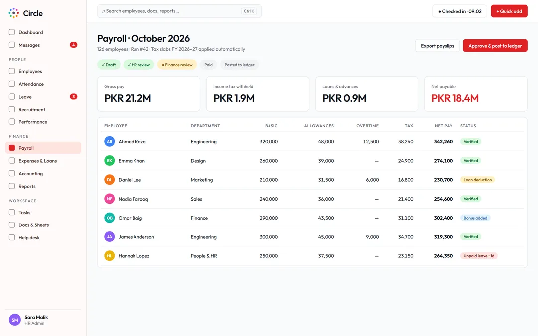 Payroll run with review stages and automatic tax calculation