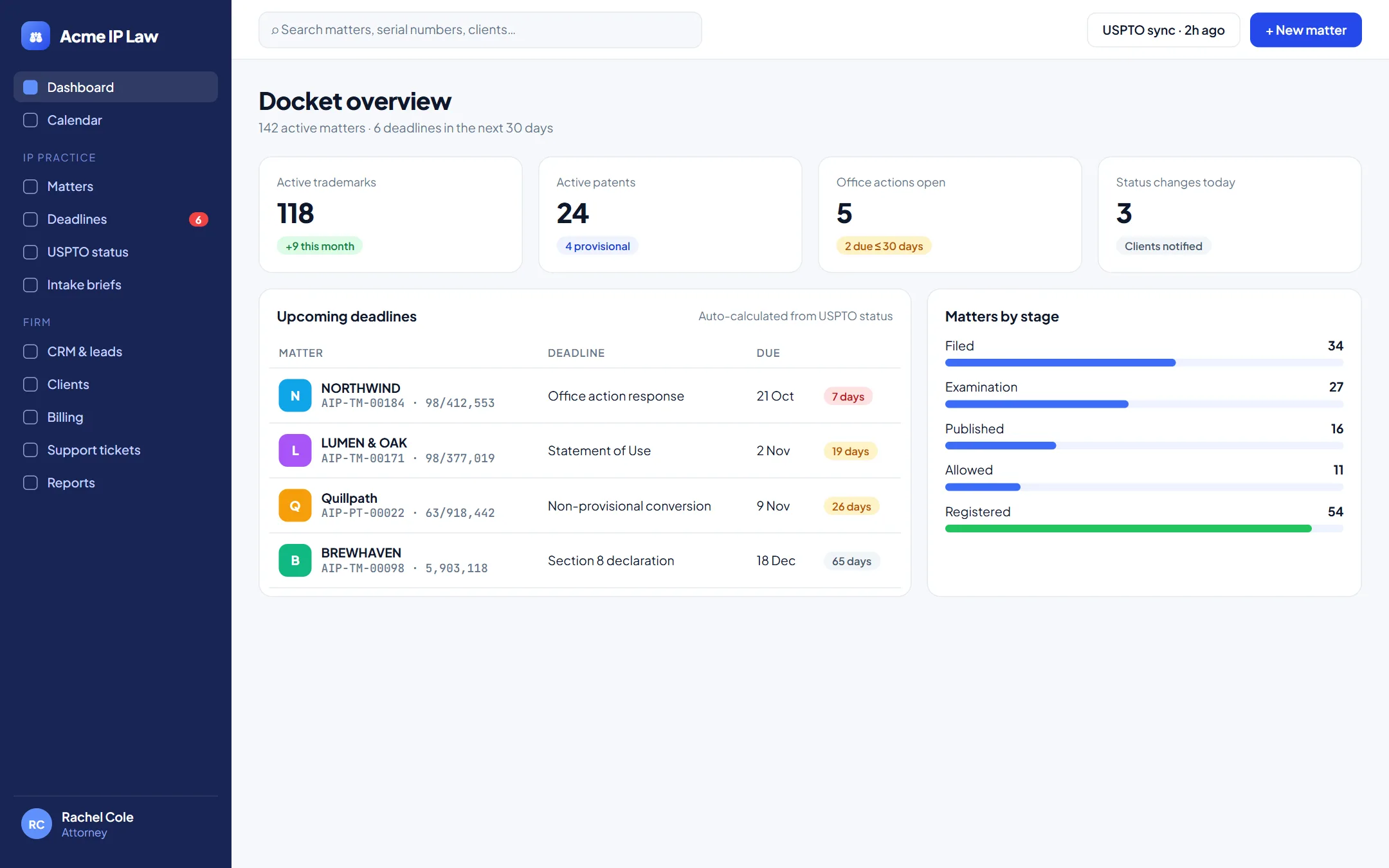 Docket overview with automatically calculated deadlines