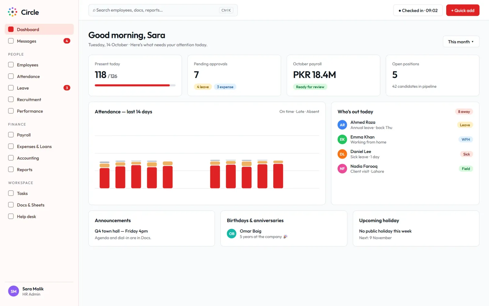 Circle employee portal dashboard designed and built by Redbox Technologies